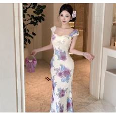 批发法式优雅甜美气质一字肩印花<b class='q'>连衣裙</b>高级收腰显瘦鱼尾裙绝美小<b class='q'>礼服</b>