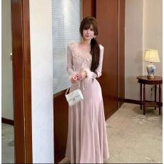 批发韩系千金气质蕾丝花边收腰显瘦温柔针织连衣裙<b class='q'>春</b>秋穿搭