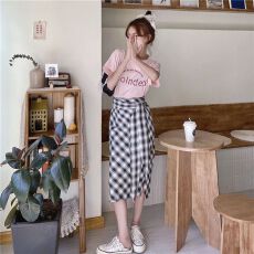 批发字母印花T恤+复古格子开叉半身裙女夏季2026年新款<b class='q'>套装</b>