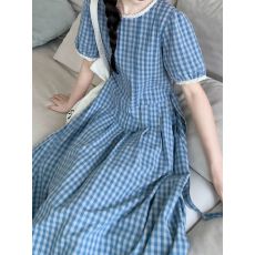 批发蓝色格子复古泡泡连衣裙收腰<b class='q'>夏季</b>新款格纹短袖气质长裙