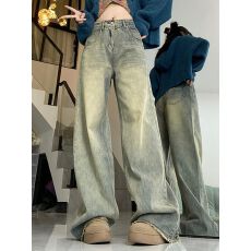 批发美式复古黄泥色牛仔裤女新款高腰直筒宽松显瘦阔腿<b class='q'>裤子</b>潮