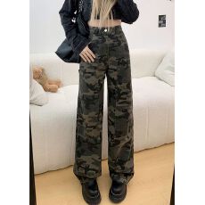 批发迷彩高街ins工装牛仔裤女春秋季<b class='q'>新款</b>高腰宽松显瘦直筒阔腿牛仔裤