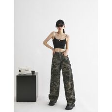 批发街头<b class='q'>迷彩</b>工装牛仔<b class='q'>裤</b>女春秋新款高腰直筒宽松休闲阔腿牛仔<b class='q'>裤</b>潮