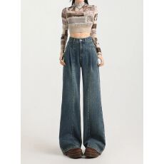 批发美式复古阔腿<b class='q'>牛仔裤</b>女潮流百搭新款高腰显瘦宽松垂感直筒拖地裤子