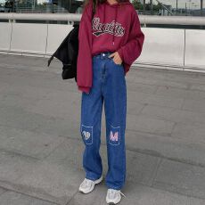 批发非实拍刺绣<b class='q'>牛仔裤</b><b class='q'>女</b>新款<b class='q'>韩版</b>高腰显瘦宽松学生百搭直筒阔腿长裤潮