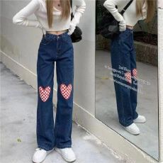 批发非实拍爱心<b class='q'>牛仔裤</b><b class='q'>女</b><b class='q'>韩版</b>宽松美式复古高腰显瘦休闲直筒阔腿裤子潮