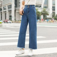 批发实拍韩版高腰阔腿<b class='q'>牛仔裤</b>女春夏秋九分裤直筒裤宽松显瘦潮