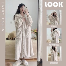 批发爆款睡袍女秋冬季<b class='q'>珊瑚</b><b class='q'>绒</b>加<b class='q'>绒</b>加厚连帽<b class='q'>睡衣</b>浴袍保暖中长款可外穿
