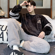 批发爱丽#冬季加厚法兰绒睡衣长毛绒男士睡衣家居服圆领套装