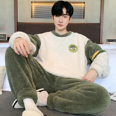 批发爱丽#冬季加厚法兰绒睡衣长毛绒男士睡衣家居服圆领套装