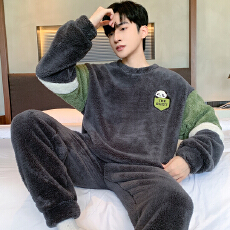 批发爱丽#冬季加厚法兰绒睡衣长毛绒男士睡衣家居服圆领套装