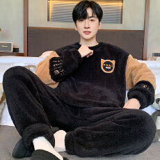 批发爱丽#冬季加厚法兰绒睡衣长毛绒男士睡衣家居服圆领套装