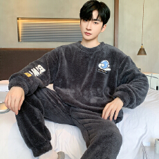 批发爱丽#冬季加厚法兰绒睡衣长毛绒男士睡衣家居服圆领套装