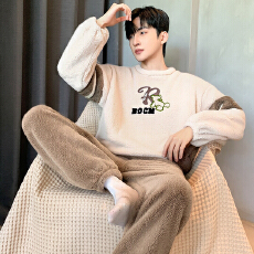 批发爱丽#冬季加厚法兰绒睡衣长毛绒男士睡衣家居服圆领套装