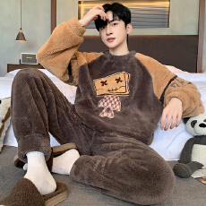 批发爱丽#冬季加厚法兰绒睡衣长毛绒男士睡衣家居服圆领套装