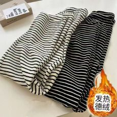 批发爱丽#条纹休闲裤女高腰德绒保暖垂感裤子秋冬直筒家居睡裤