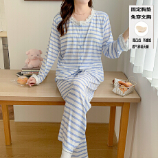 批发爱丽#春季长袖睡衣女条纹仿棉带<b class='q'>胸</b>垫开衫睡衣家居服套装