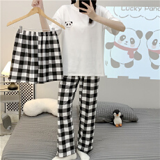 批发爱丽#夏季新款短袖长裤短裤女三件套仿棉170克宽松睡衣家居服套装