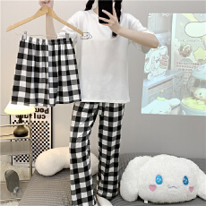批发爱丽#夏季新款短袖长裤短裤女三件套仿棉170克宽松睡衣家居服套装