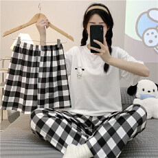 批发爱丽#夏季新款短袖长裤短裤女三件套仿棉170克宽松睡衣家居服套装