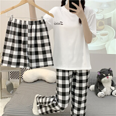 批发爱丽#夏季新款短袖长裤短裤女三件套仿棉170克宽松睡衣家居服套装