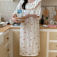 批发爱丽#夏季新款云朵棉韩版睡裙带胸垫<b class='q'>短袖</b>荷叶领小清新长裙家居服