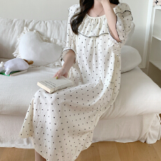 批发爱丽#夏季新款云朵棉韩版睡裙带胸垫<b class='q'>短袖</b>荷叶领小清新长裙家居服