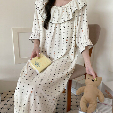 批发爱丽#夏季新款云朵棉韩版睡裙带胸垫<b class='q'>短袖</b>荷叶领小清新长裙家居服