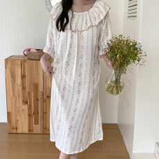 批发爱丽#夏季新款云朵棉韩版睡裙带胸垫<b class='q'>短袖</b>荷叶领小清新长裙家居服