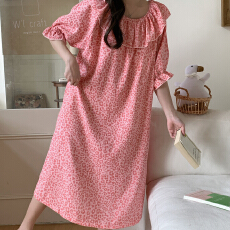 批发爱丽#夏季新款云朵棉韩版睡裙带胸垫<b class='q'>短袖</b>荷叶领小清新长裙家居服