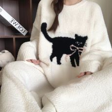 爱丽#秋冬季新款长袖女半边绒卡通休闲加厚冬保暖睡衣家居服套装
