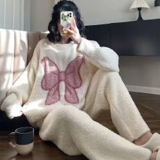 爱丽#秋冬季新款长袖女半边绒卡通休闲加厚冬保暖睡衣家居服套装