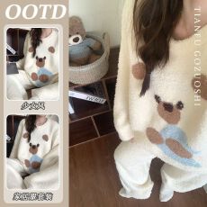 爱丽#秋冬季新款长袖女半边绒卡通休闲加厚冬保暖睡衣家居服套装