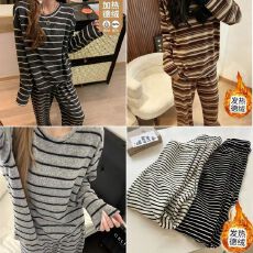 批发德绒条纹情侣睡衣女秋冬圆领长袖新款宽松简约网红韩版家居服套装