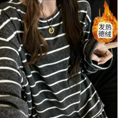 批发德绒条纹情侣睡衣女秋冬圆领长袖新款宽松简约网红韩版家居服套装