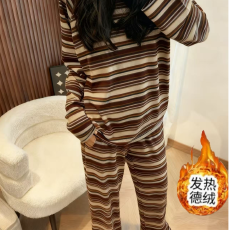 批发德绒条纹情侣睡衣女秋冬圆领长袖新款宽松简约网红韩版家居服套装