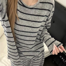 批发德绒条纹情侣睡衣女秋冬圆领长袖新款宽松简约网红韩版家居服套装