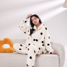 批发波点睡衣2025冬季女长毛绒立领学生网红家居服拉链<b class='q'>休闲</b>加厚套装