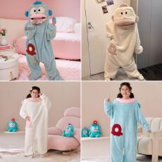 组合亲子丑鱼连体睡衣秋冬季珊瑚绒加厚睡袍卡通大嘴鱼搞怪家居服