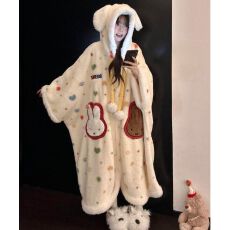 批发【260克】<b class='q'>可爱</b>小白兔子连帽长毛绒睡袍女冬季加厚斗篷睡衣家居服