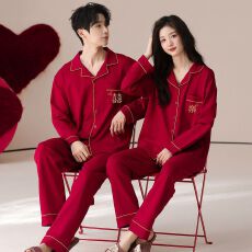 批发大红囍楽<b class='q'>情侣</b><b class='q'>睡衣</b>春季长袖开衫男女家居服套装【官图】
