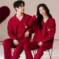 批发大红发财<b class='q'>情侣</b><b class='q'>睡衣</b>春季长袖开衫男女家居服套装【官图】