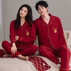 批发大红暴富<b class='q'>情侣</b><b class='q'>睡衣</b>春季长袖开衫男女家居服套装【官图】