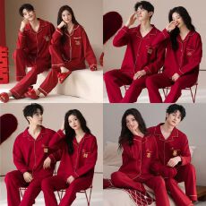 批发大红双喜<b class='q'>情侣</b><b class='q'>睡衣</b>春季长袖开衫男女家居服套装【官图】