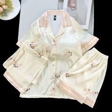 批发冰雪丝带胸垫<b class='q'>睡衣</b><b class='q'>三件套</b>女士家居服套装杏色奶狗开衫女士<b class='q'>睡衣</b>