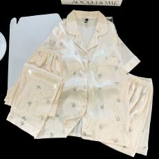 批发冰雪丝带胸垫<b class='q'>睡衣</b><b class='q'>三件套</b>女士家居服套装开衫汤银蝴蝶银白