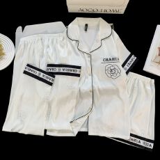 批发冰雪丝（带胸垫）睡衣三件套女士家居服套装开衫白色山茶花女睡衣