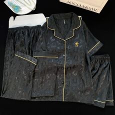 批发冰雪丝带胸垫睡衣三件套女士家居服套装开衫黑色D女士家居服