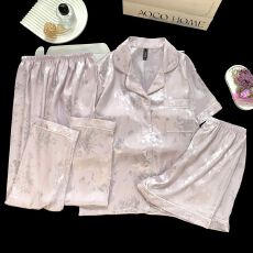 批发冰雪丝带胸垫睡衣三件套女士家居服套装国风轻奢女士睡衣套装