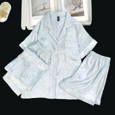 批发冰雪丝带胸垫睡衣三件套女士家居服套装国风轻奢女士睡衣套装